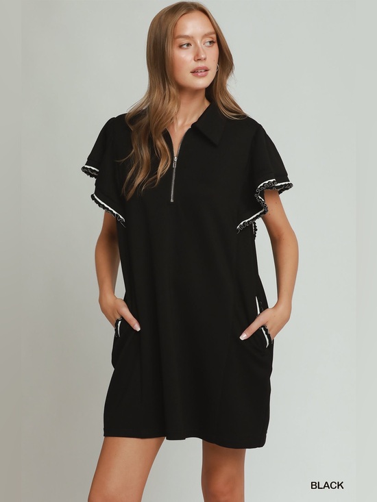 Umgee Dresses & Skirts - Umgee Half Zip Ruffle Rib Band Butterfy Sleeve Mini Dress with Pockets